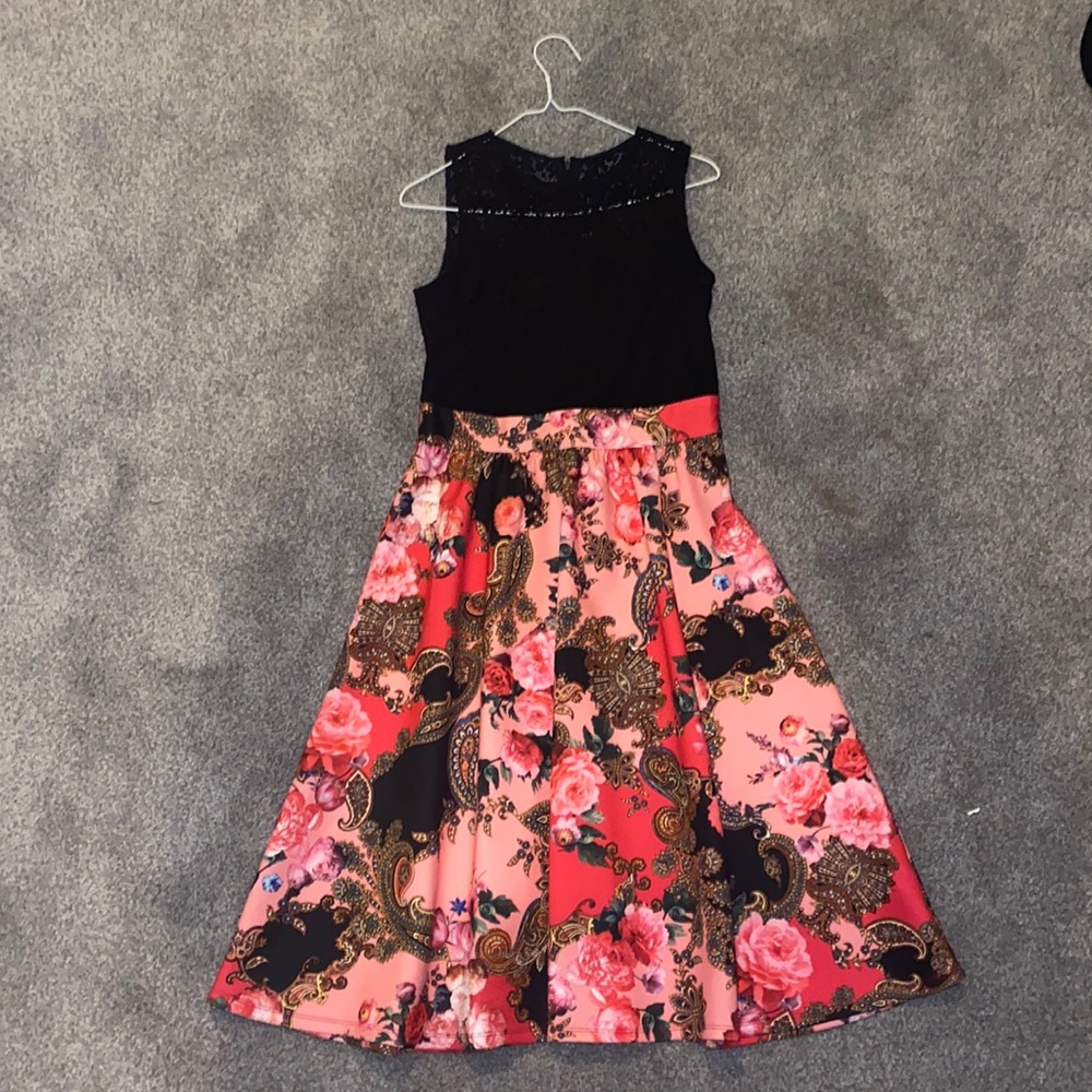 Floral and black midi dress
